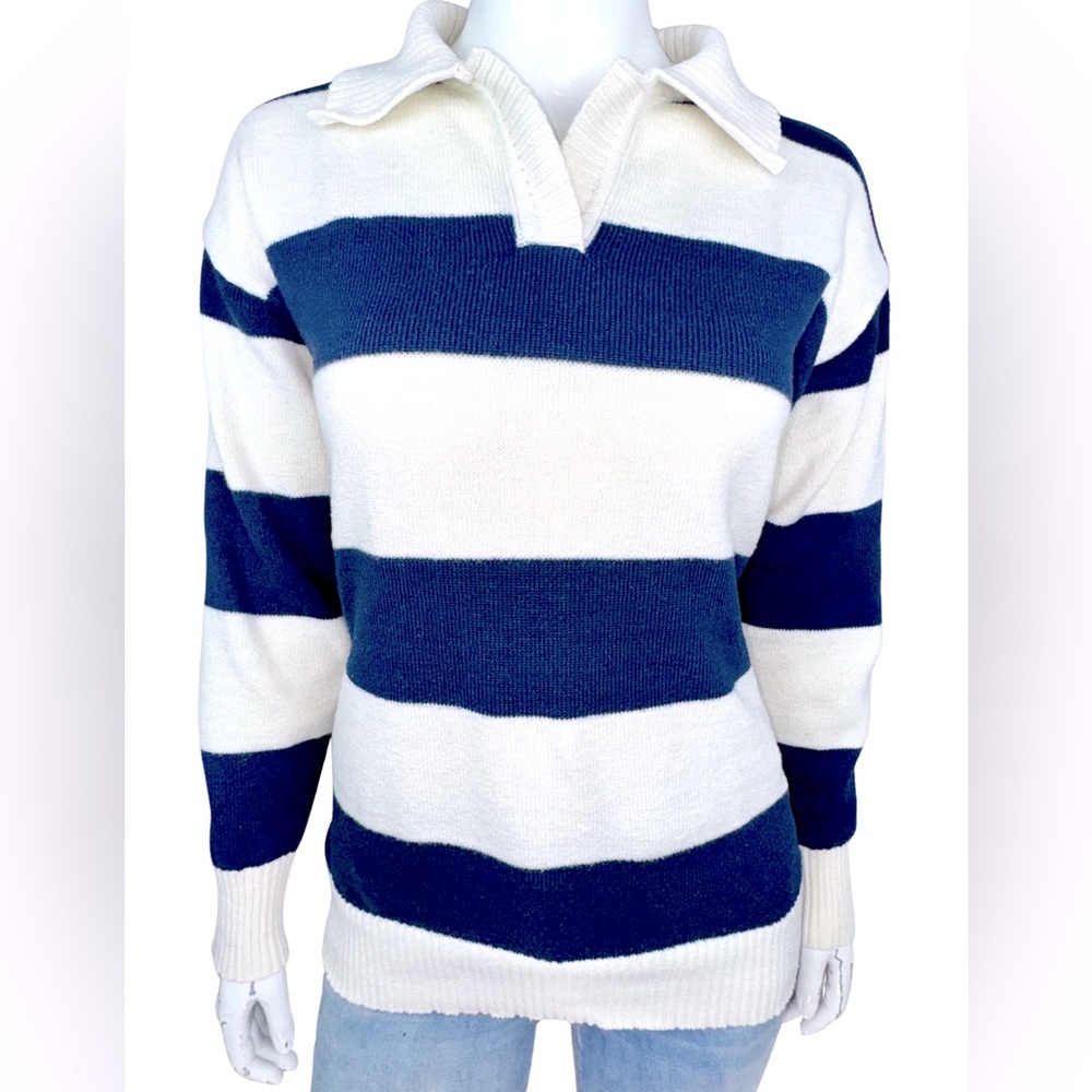 Vintage Rugby Stripe Knit Sweater Navy White Collared Pullover Medium